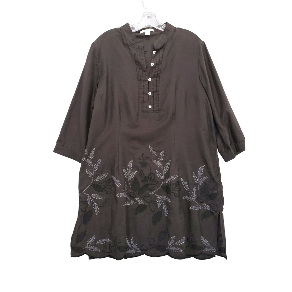 Coldwater Creek Tunic Dress Brown Silk Blend Embroidered Floral 3/4 Sleeve L